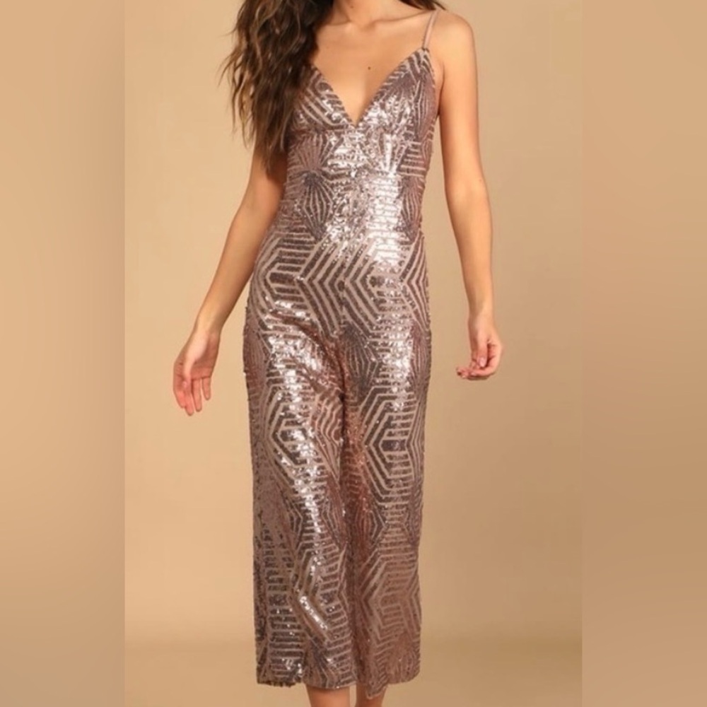 Lulus Womens Rose Gold XL Size 14/16 Radiant Revelry Sequin Sleeveless Jumpsuit